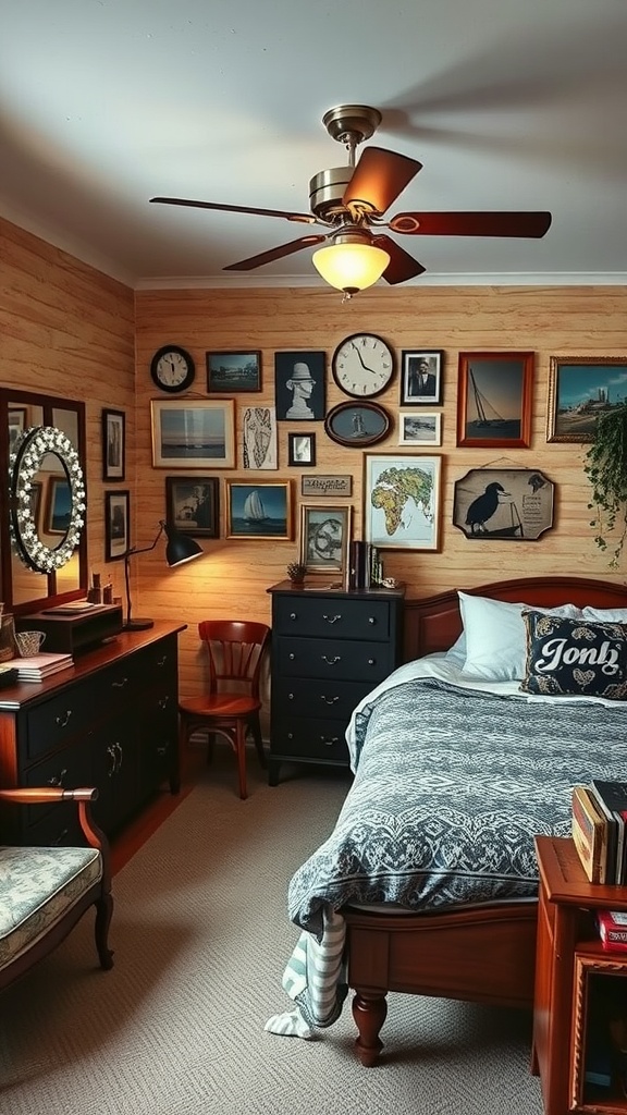 A cozy bedroom featuring wooden walls, a gallery wall with framed art and clocks, retro furniture, and warm lighting.