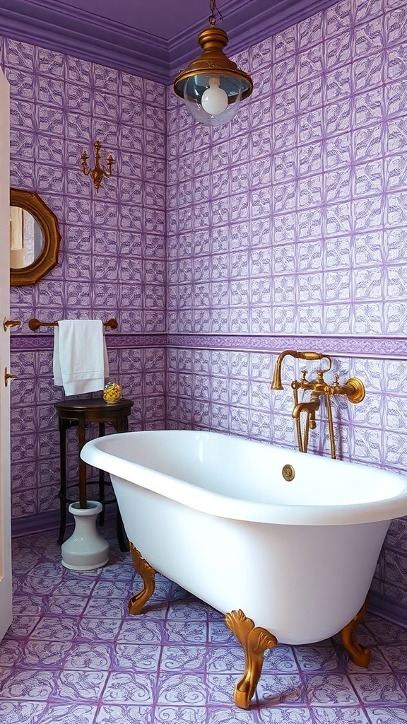 A vintage bathroom featuring violet tiles, a clawfoot tub, and elegant golden fixtures.