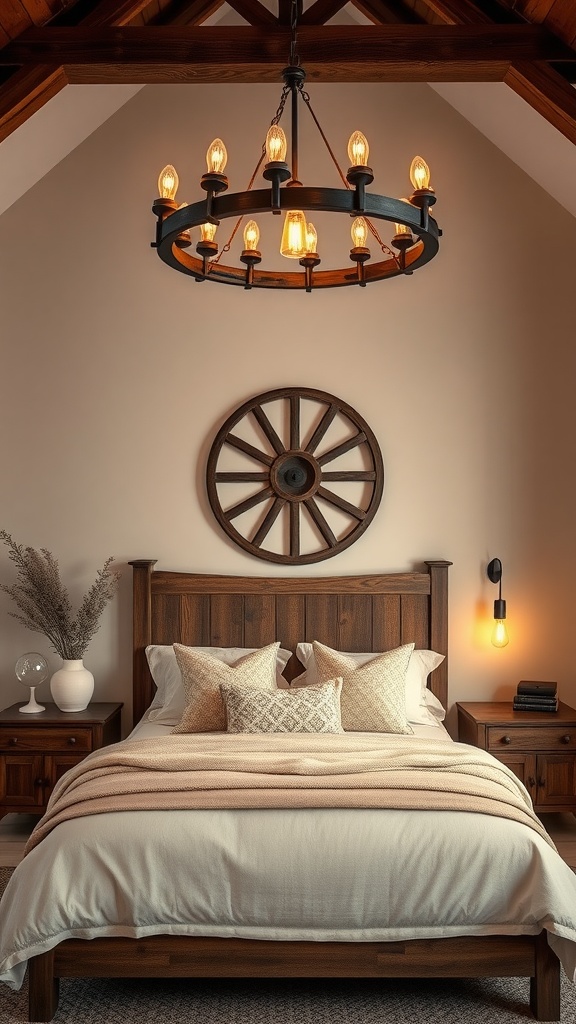 A vintage wagon wheel chandelier hanging above a cozy bed in a western-themed bedroom.