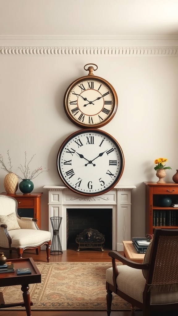 A living room featuring two vintage wall clocks, one round clock on top and a larger clock below, set against a light wall with decorative molding.