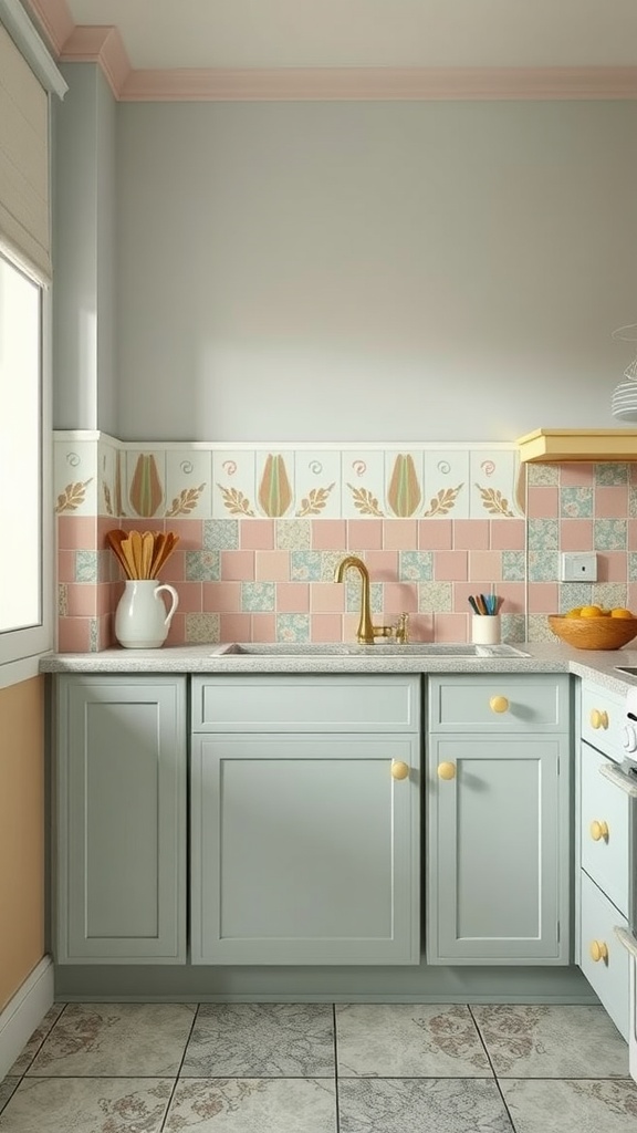 A vintage kitchen with pastel wall tiles, featuring floral patterns and a warm color scheme.