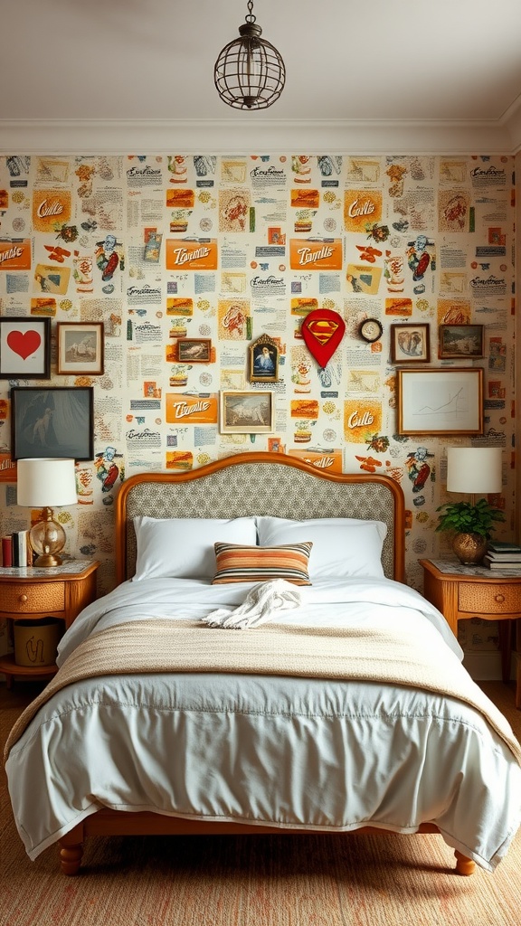 A cozy bedroom with vintage wallpaper featuring colorful prints and framed art, showcasing a nostalgic design aesthetic.