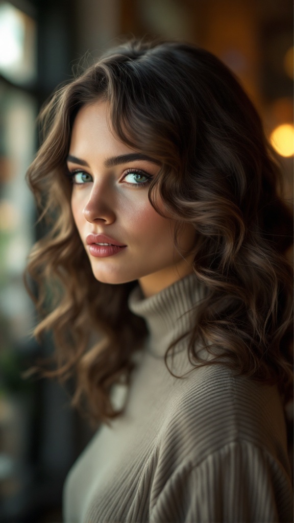 A woman with beautiful vintage waves hairstyle, wearing a turtleneck sweater.