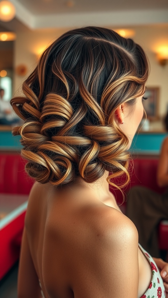 A close-up view of a woman's hairstyle featuring vintage waves styled into a chic updo with soft curls and highlights.