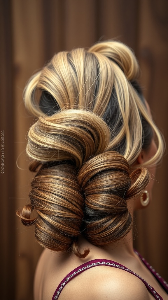 A beautiful hairstyle featuring vintage waves styled in a pin-up vibe, showcasing a blend of golden and dark hair colors.
