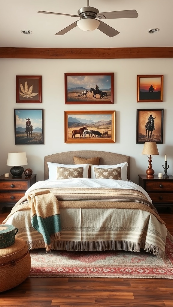 A cozy bedroom featuring vintage Western art on the walls, with a bed adorned in warm tones and rustic decor.