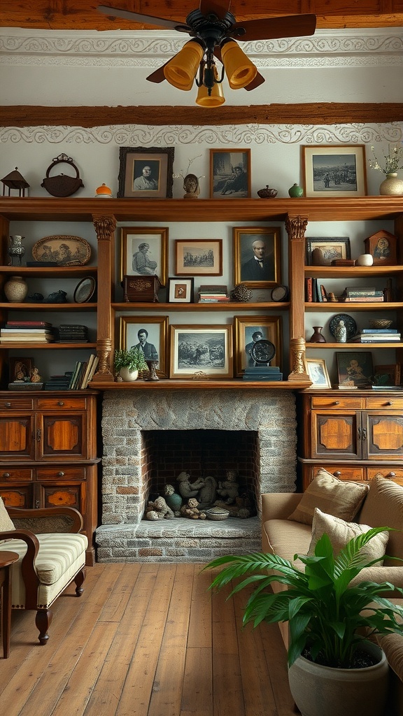 A living room featuring vintage wooden shelves filled with framed photos, decorative items, and a cozy stone fireplace.