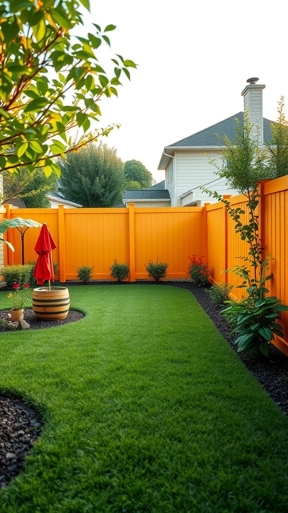 A backyard with an orange vinyl fence, green grass, and colorful plants.