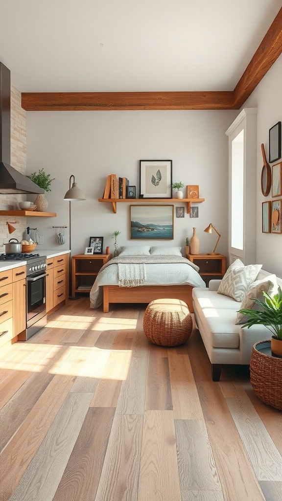 Cozy rustic kitchen with light vinyl plank flooring and wooden accents