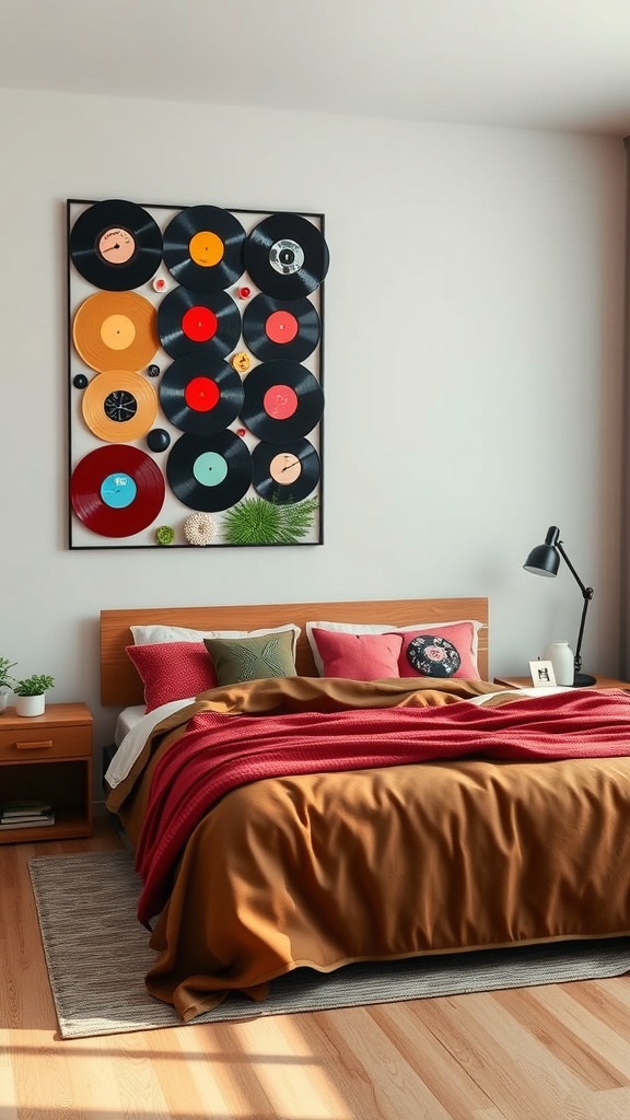A bedroom featuring vinyl record wall art above a neatly made bed with colorful pillows and a warm blanket.