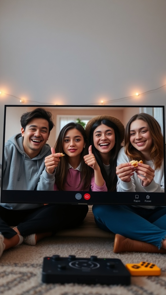 Group of friends enjoying a virtual game night, smiling and showing thumbs up while seated on a cozy floor with snacks.