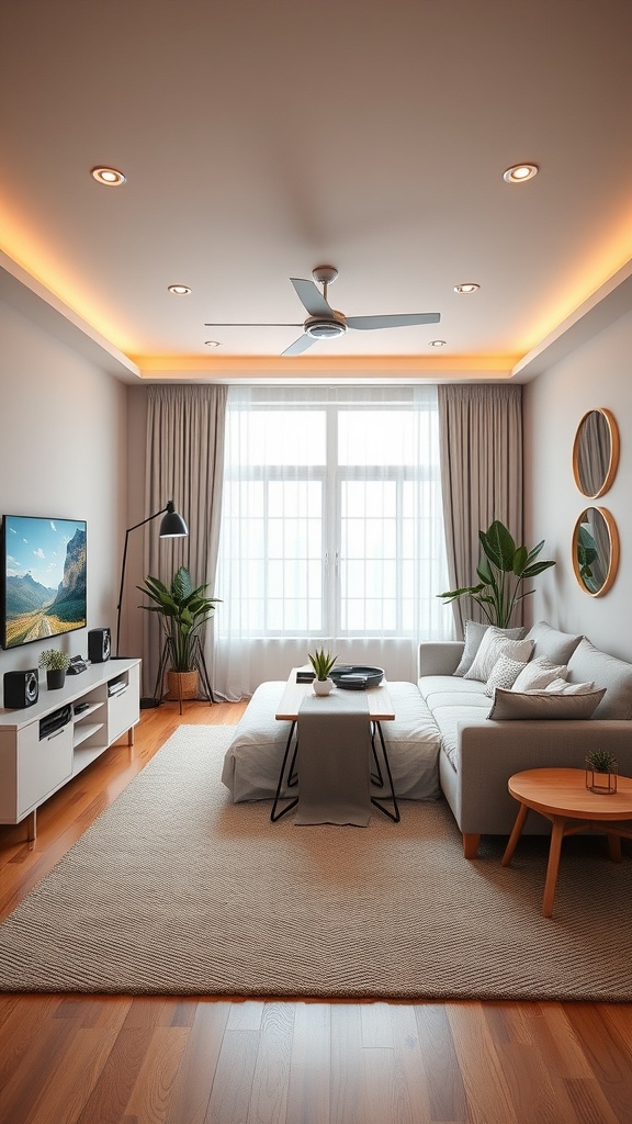 Cozy gaming bedroom with modern decor and potential VR setup