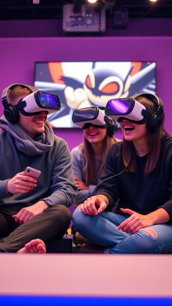 Three friends enjoying a virtual reality game experience, wearing headsets and laughing together.