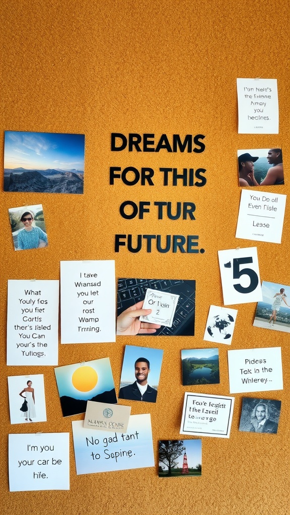A cork board displaying various images and quotes that represent dreams and aspirations.