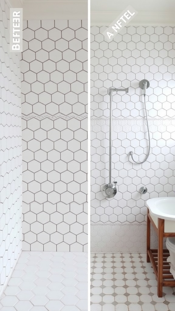 Comparison of small hexagon tiles and large hexagon tiles in a bathroom setting.