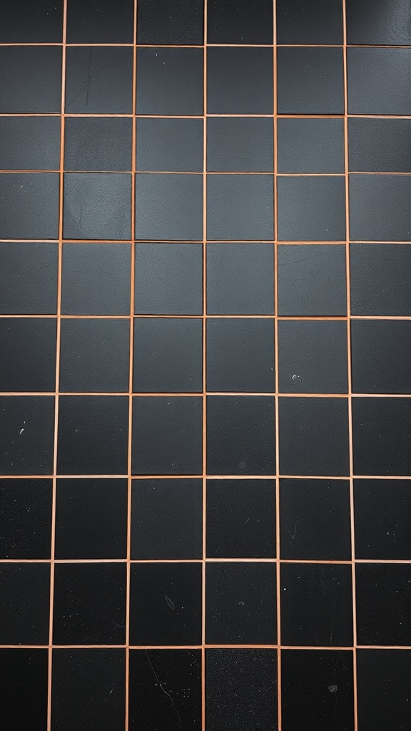 Black tile bathroom floor with orange grout lines.