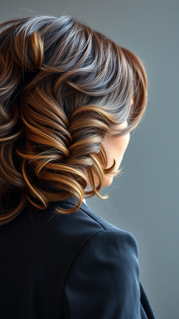 Back view of a styled hair with soft curls and highlights, showing a professional hairstyle