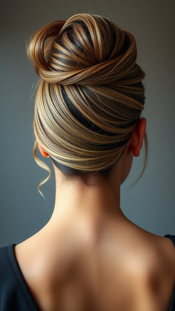 A close-up view of an elegant hair updo featuring volume-boosting teased roots and soft curls.
