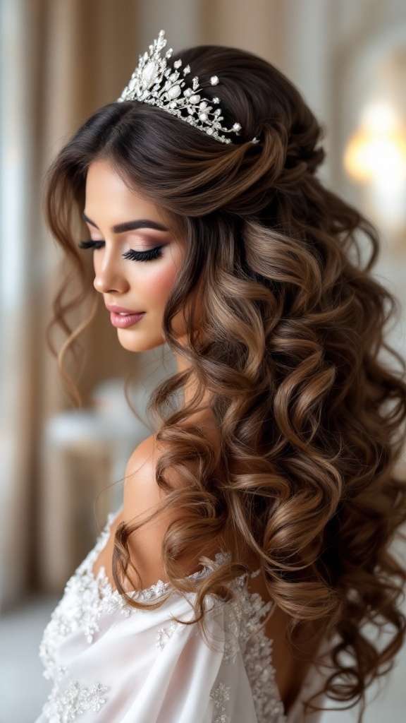 A bridesmaid with voluminous curly hair adorned with a glittering tiara