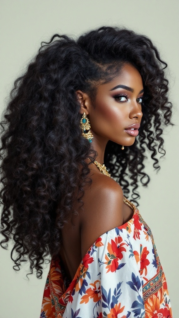 A woman with voluminous curls, adorned in ethnic jewelry, showcasing a stunning hairstyle for an Indian wedding.