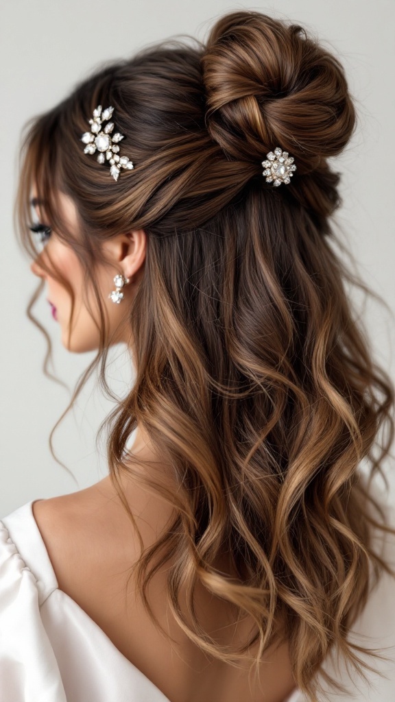A woman with medium-length hair styled in a voluminous half up top knot with sparkling hair accessories.