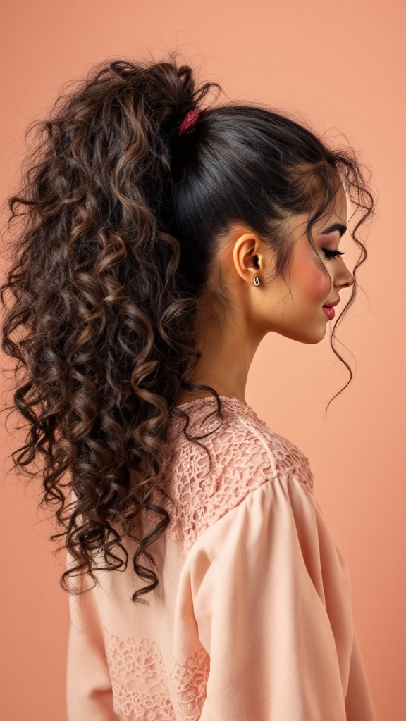 A side view of a woman with a voluminous high ponytail, showcasing curly hair against a peach background.