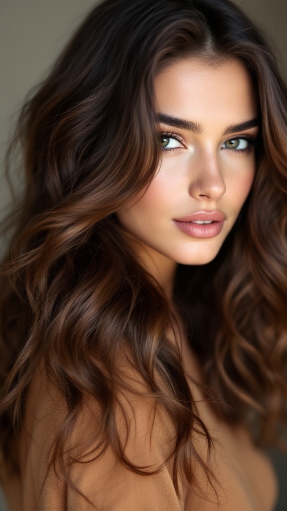 A woman with medium-length layered hair styled with voluminous waves.