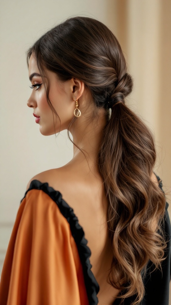 A woman with a voluminous side ponytail, styled elegantly with soft waves, wearing golden earrings and an off-shoulder dress.