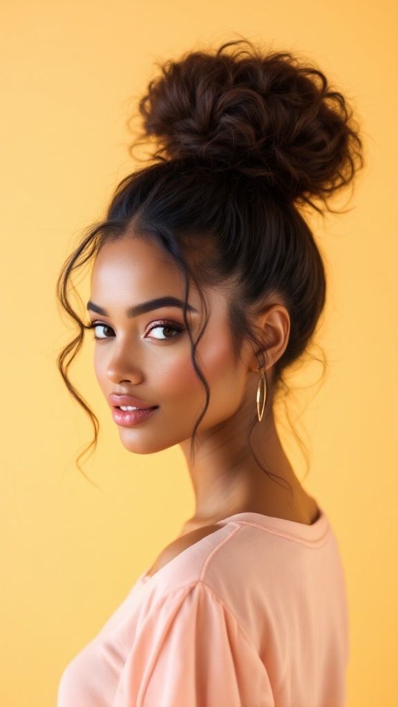 A woman with thick hair styled in a voluminous top knot against a bright yellow background.