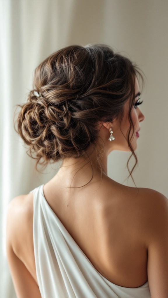 Bridesmaid hairstyle featuring a voluminous updo with cascading strands