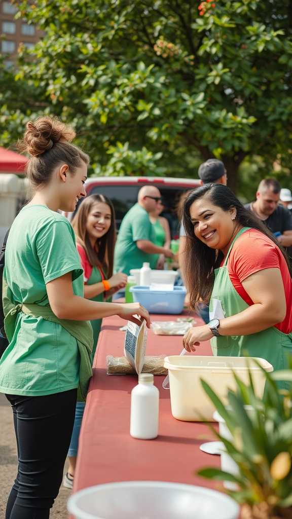 Group of friends volunteering together, smiling and working at a community event.