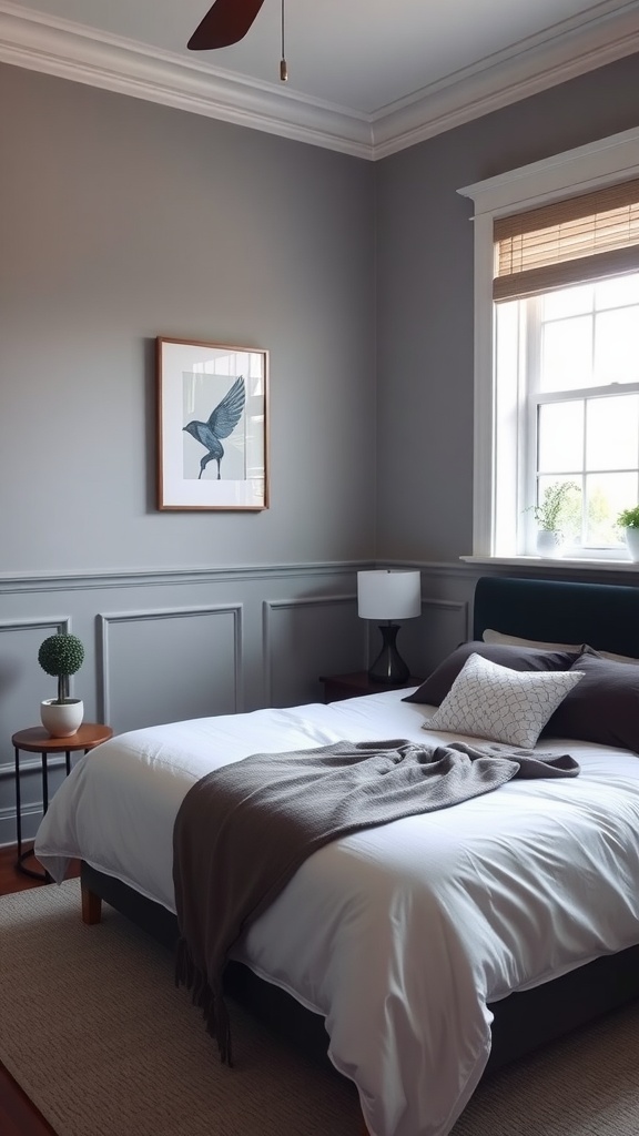 A bedroom featuring light gray wainscoting that enhances the room's aesthetic.