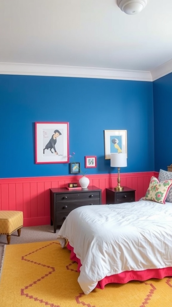 A bedroom with bold blue walls and bright red wainscoting, featuring white bedding and colorful accents.