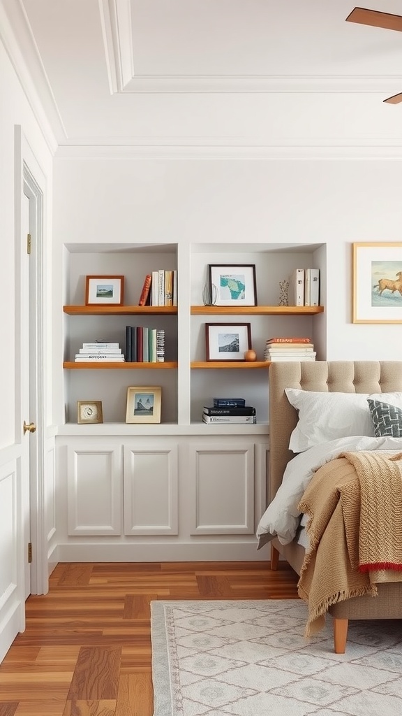 Bedroom featuring wainscoting with built-in shelves, showcasing books and framed pictures.