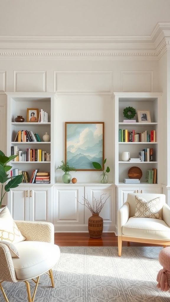Living room featuring wainscoting and built-in shelves with books and decor