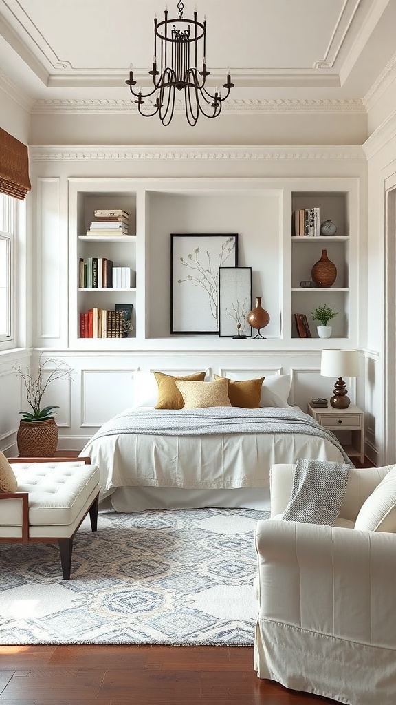 Cozy living room with white wainscoting and built-in shelves displaying books and decor.