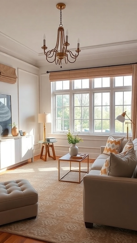 A bright living room featuring wainscoting with a chair rail, large windows, and stylish furniture.