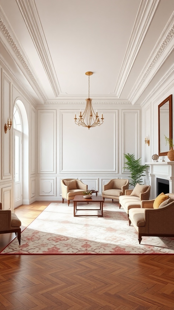 Living room featuring wainscoting and crown molding accents with elegant furniture.