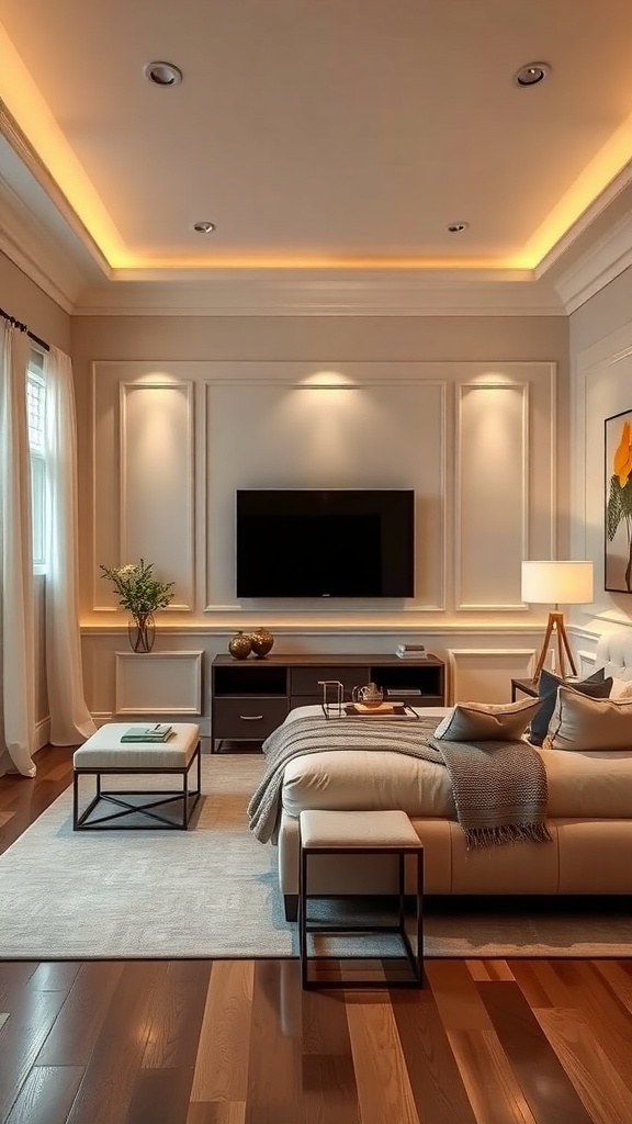 Living room featuring wainscoting with integrated lighting, showcasing a cozy and inviting atmosphere.