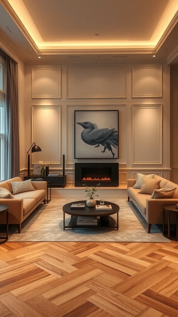 Elegant living room featuring wainscoting and integrated lighting for ambiance.
