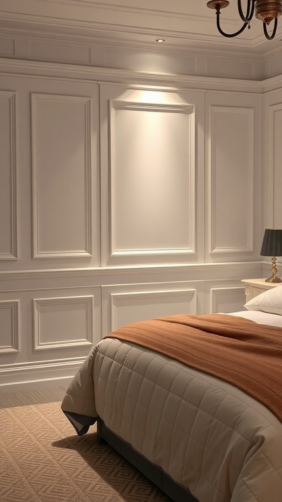 Cozy bedroom featuring elegant wainscoting and soft lighting