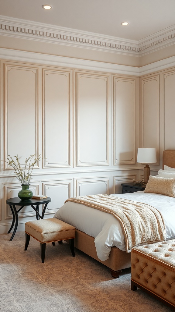 A modern bedroom featuring wainscoting with upholstered panels, warm bedding, and stylish furniture.