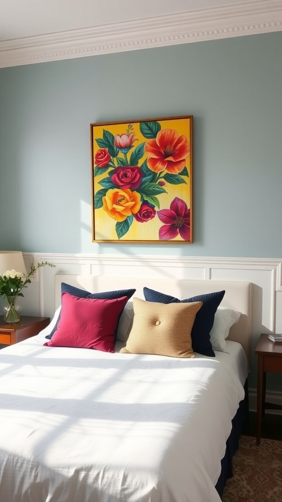 A bright floral painting above a bed with colorful pillows and wainscoting in a soft blue bedroom.
