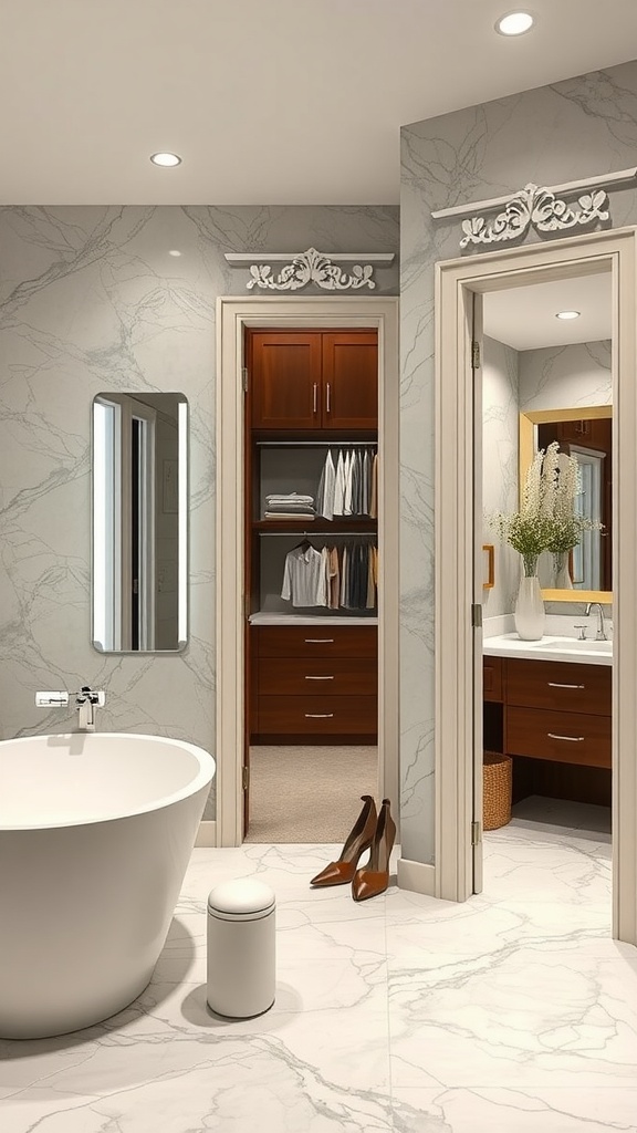 A modern bathroom featuring a walk-in closet, elegant bathtub, and stylish design elements.