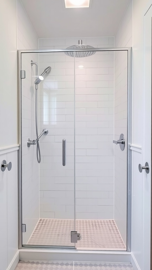 A modern walk-in shower with glass panels and white subway tiles.