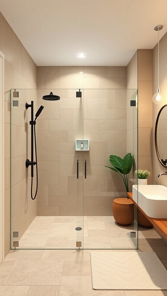Modern walk-in shower with rainfall fixture and glass enclosure in a luxury master bath