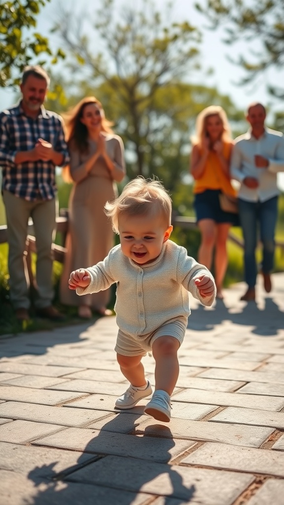 A baby running happily on a paved path with family members cheering in the background.