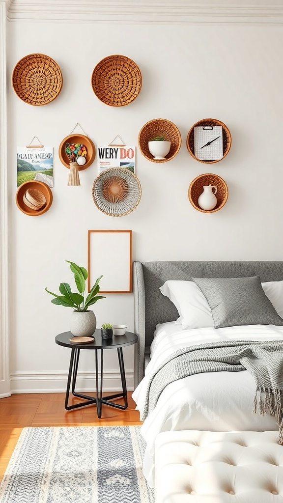 A cozy living room featuring wall-mounted baskets for storage, a small side table with plants, and a neatly made bed.