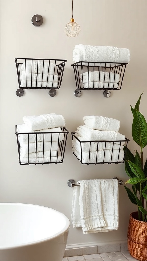 Wall-mounted baskets holding neatly rolled white towels in a modern bathroom setting