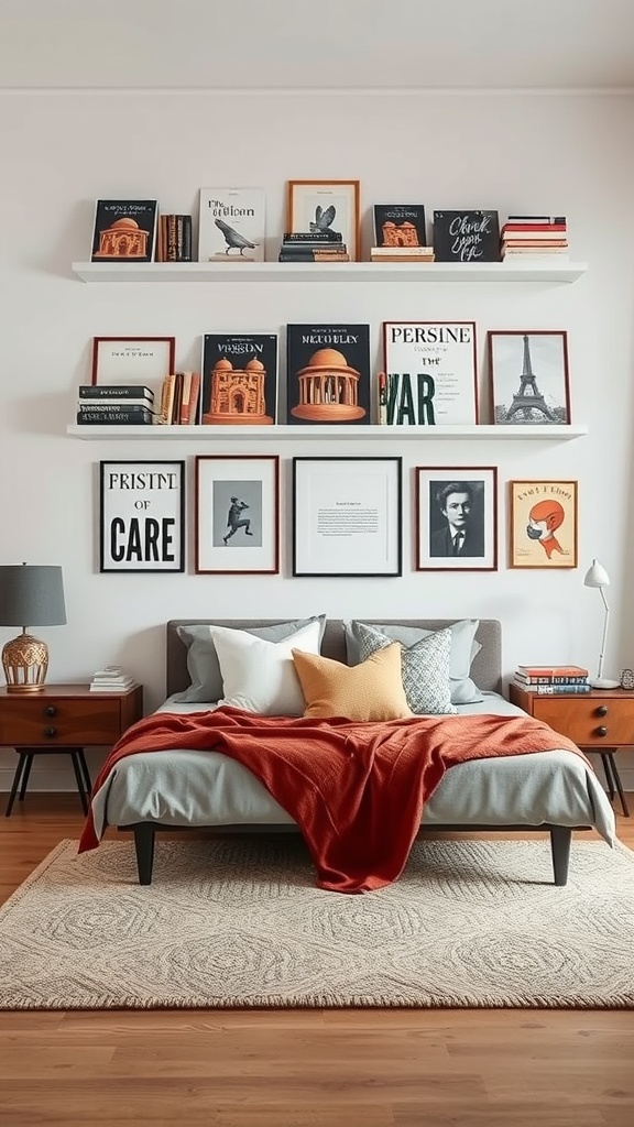 A cozy bedroom with a wall-mounted bookshelf displaying books and framed art above a bed.